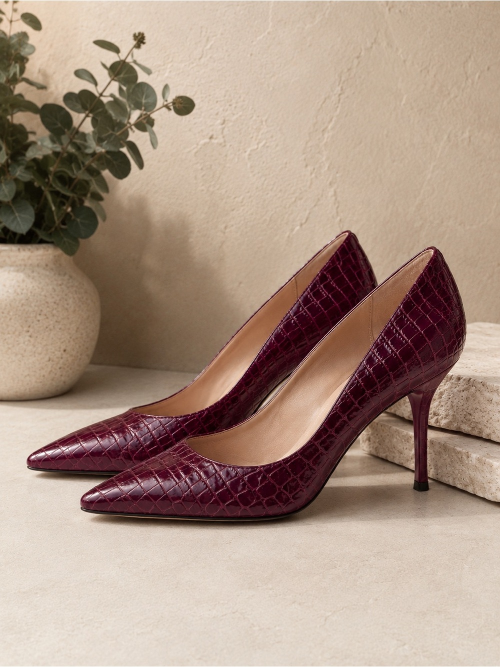 NWT Aquazzura Burgundy Croc Embossed Leather Pointed Toe Stiletto Pumps IT 36 - Picture 1 of 7